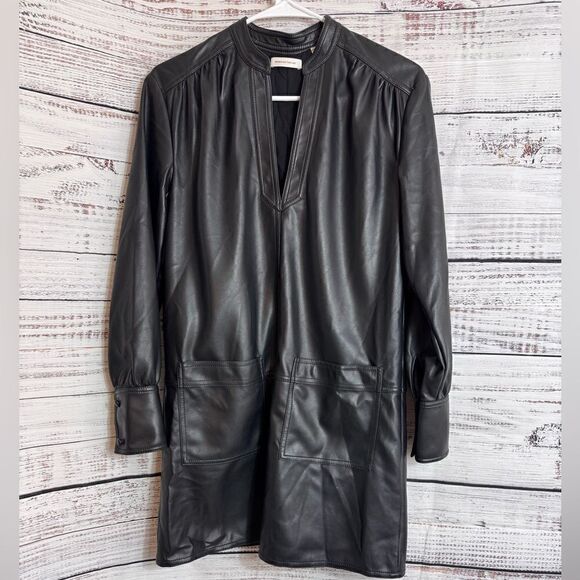 Rebecca Taylor Dress Womens Size XS Vegan Faux Leather Black Tunic mini V Neck - Picture 3 of 13